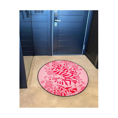 Pink Theme Tiger Patterned Round Woven Base Modern Decorative Carpet