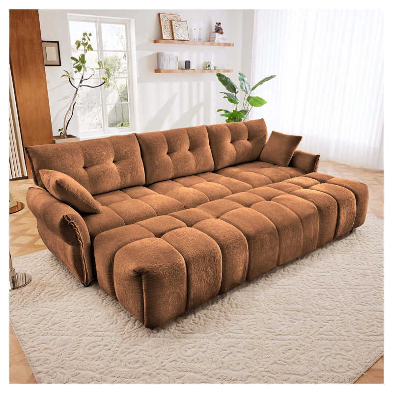 Canapé modulaire en chenille capitonné 3 places avec 3 repose-pieds et 2 coussins décoratifs, mobilier de salon modulaire