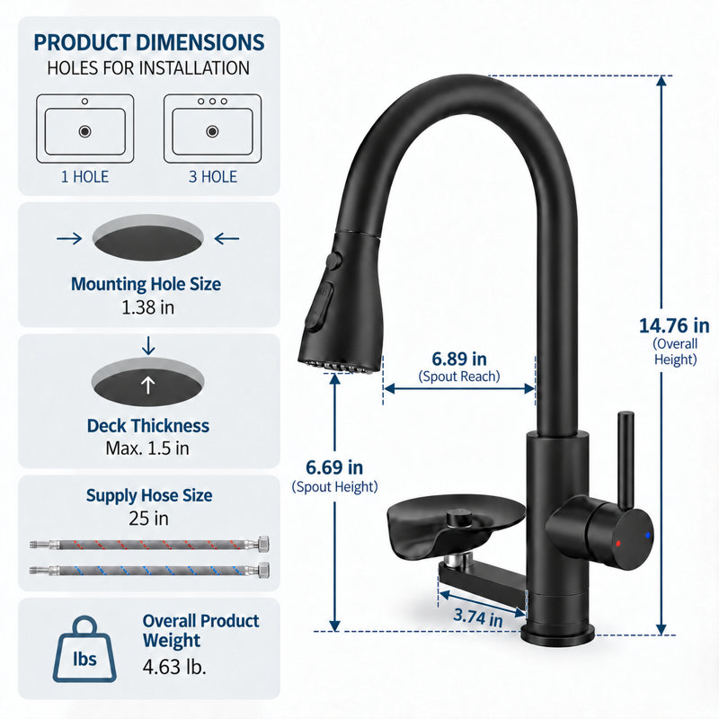 Robinet de cuisine noir mat avec douchette extractible avec joint torique, robinet monocommande en acier inoxydable avec plaque de montage