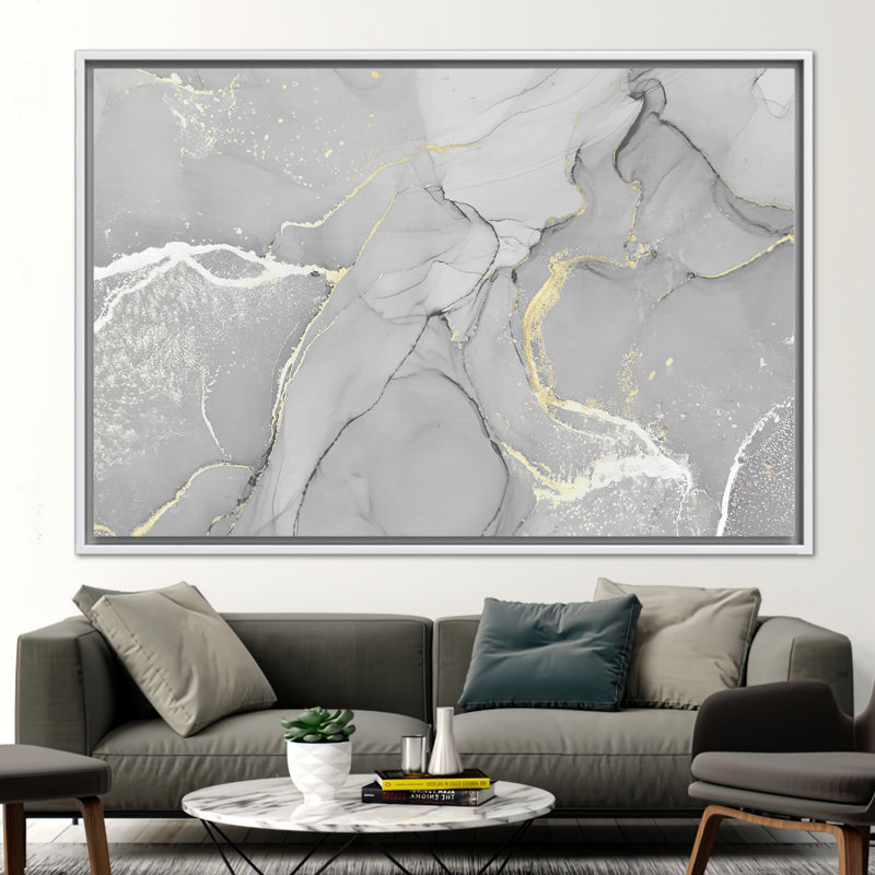 Art mural en marbre moderne et luxueux gris et or, H 45 po x l 100 po, Reproduction encadrée sans passe-partout, Blanc