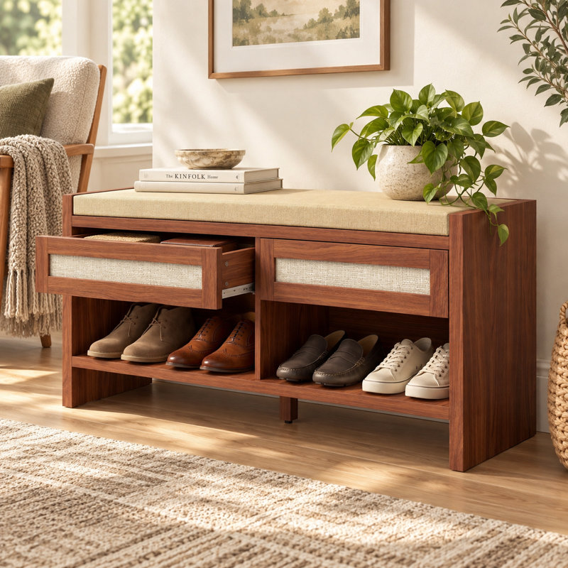 Banc de rangement à chaussures Pocono Boho avec tiroirs en rotin et coussin d'aspect lin