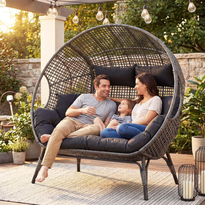 Double Egg Chair Indoor Outdoor Stationary Oversized 6.5" Thick Padded Cushions-black