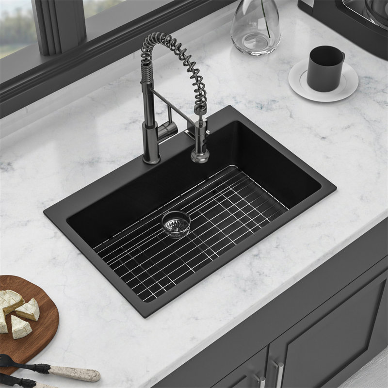 Quartz Kitchen Sink - 33" X 22" X 9.65" Black Granite Composite Drop In Kitchen Sink