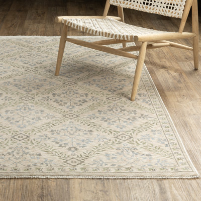 Xadyn Vintage Floral Trellis Blue/ Beige Fringed Dense Pile Rug