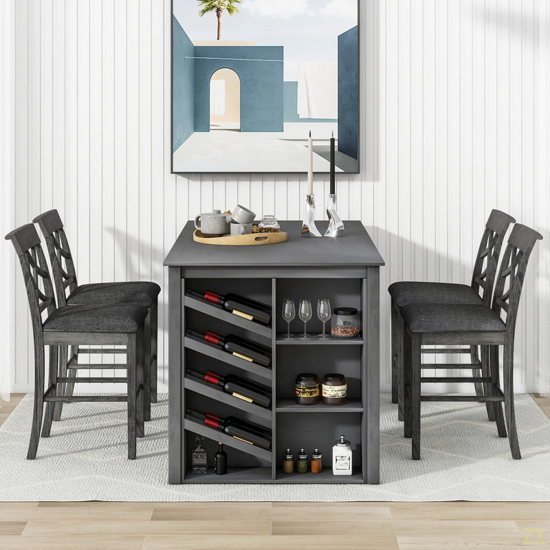 Ensemble de table de salle à manger en bois massif 5 pièces, table avec support à vin incurvé et 4 chaises rembourrées, Gris