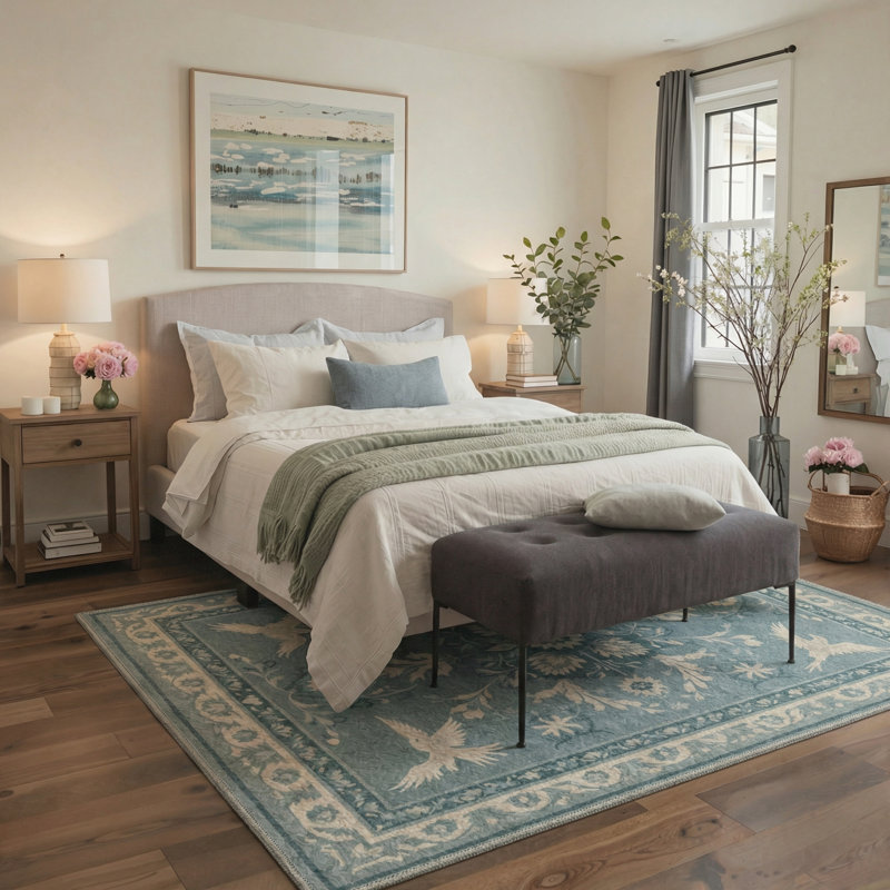 Bird & Floral Machine Washable Green / Beige Indoor Area Rug with Non-Slip Backing, Rectangle 9' x 12'