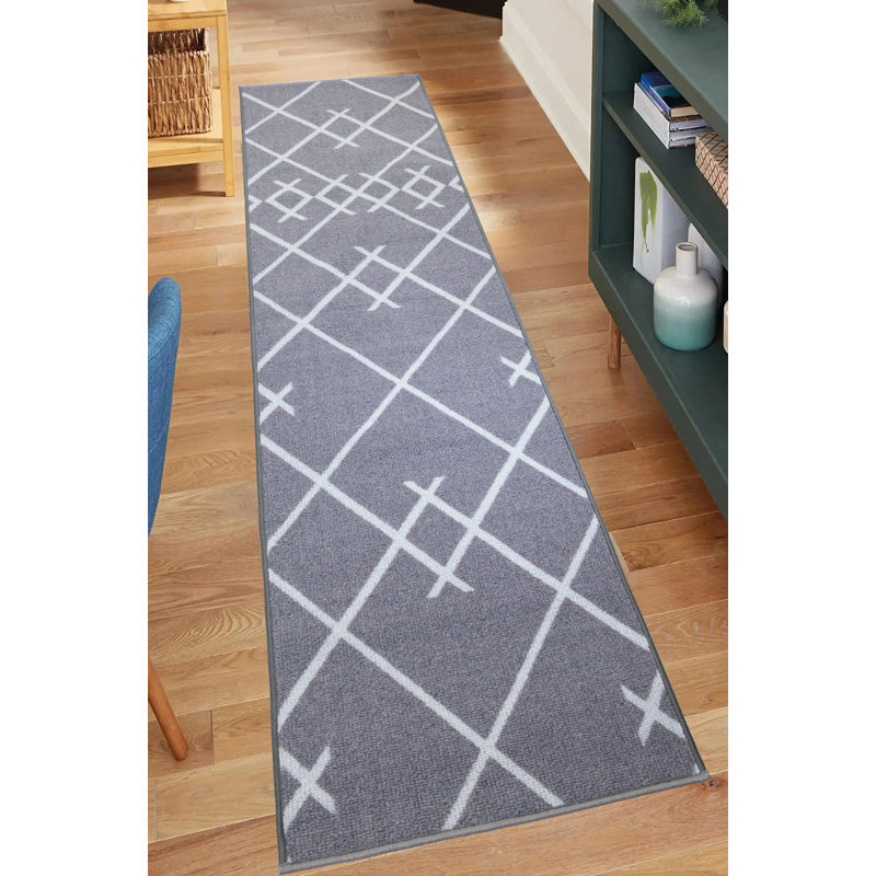 Custom Size Runner Rug Berber Style Trellis Gray Low Pile Slip Resistant Runner Rugs by Feet, Runner 2'2" x 24'