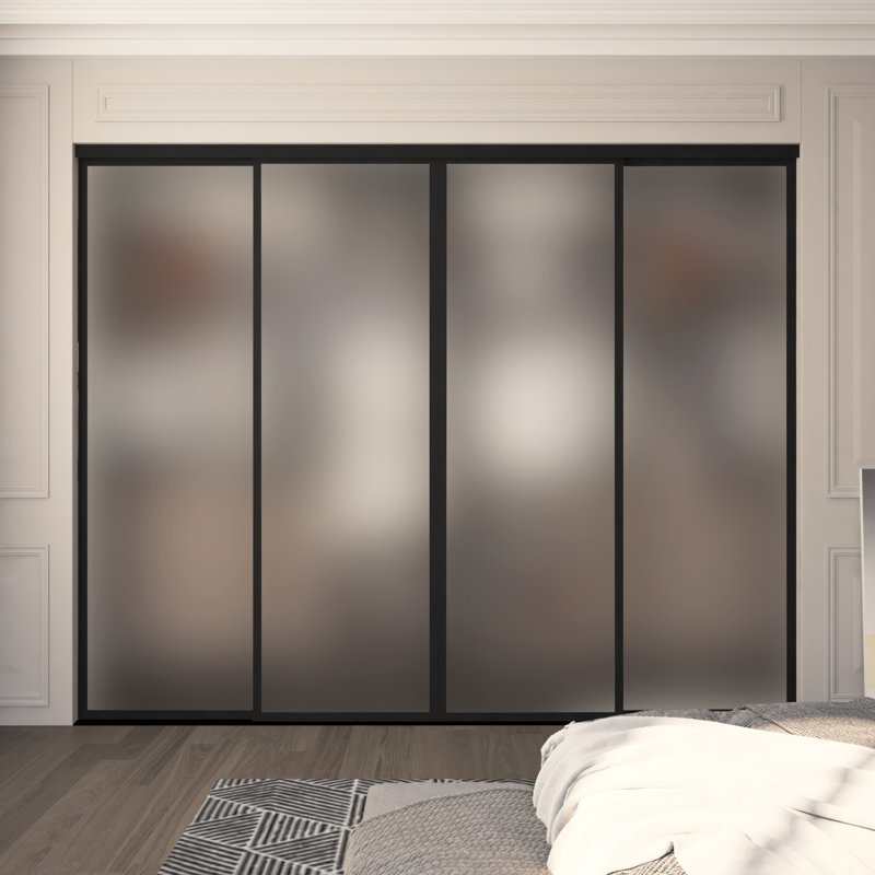 4 paravents en verre givré à 4 panneaux, portes de placard coulissantes, 96 po x 96 po, Noir