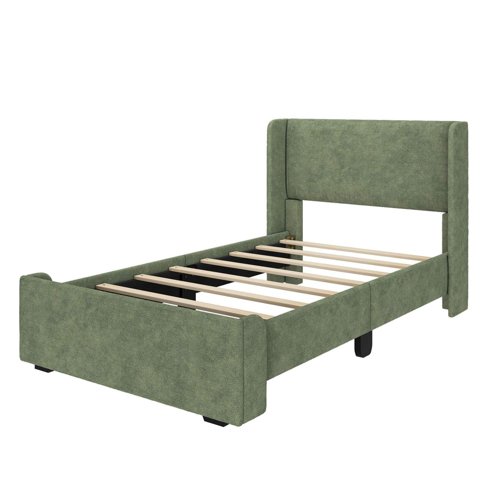 Solid Wood Upholstered Panel Bed, Twin, Green