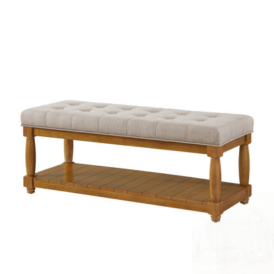 Upholstered Linen Bench with Storage Shelf - Tufted Ottoman for Versatile Home Use, Solid Wood Legs, Comfortable and Stylish
