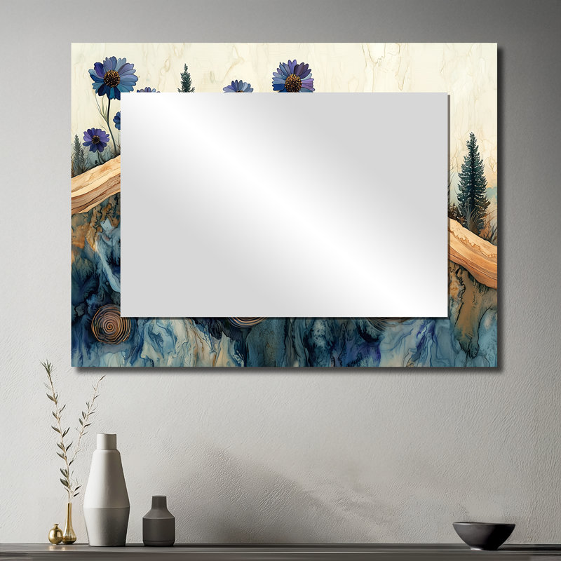 Turquoise cornflowers in Forest River Landscape I - décoration murale miroir floral - imprimé sur métal, 30 po x 40 po