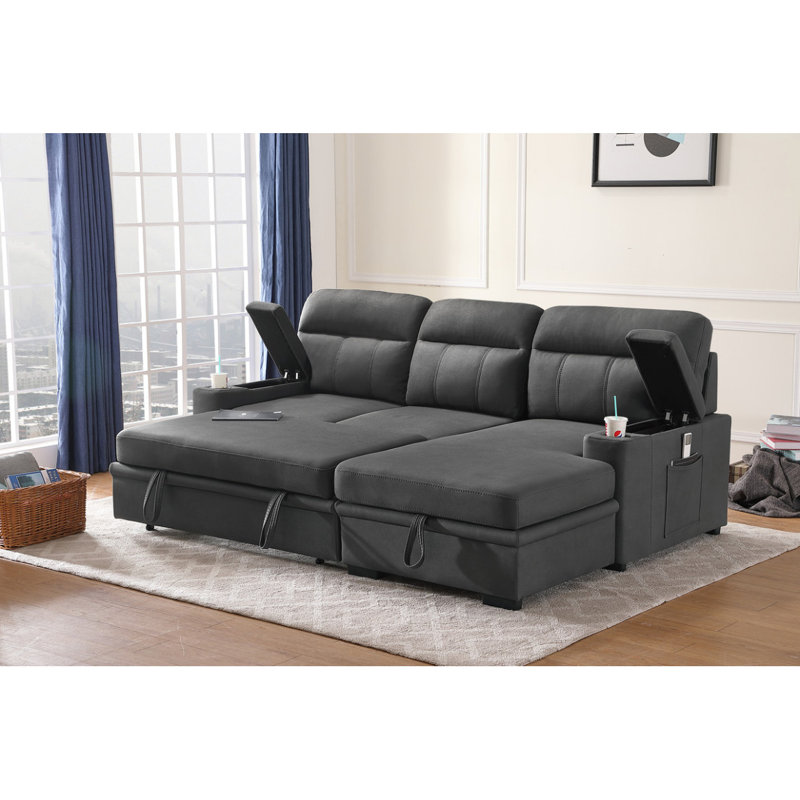 Canapé-lit modulaire en tissu gris avec accoudoirs et porte-gobelet Kaden