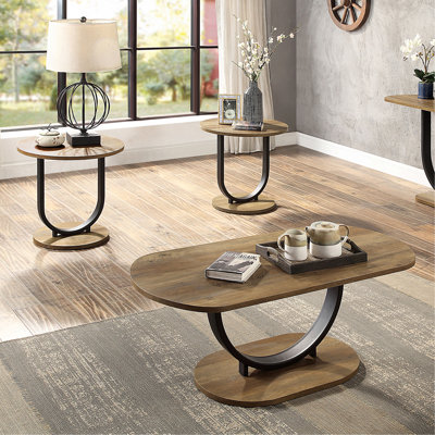Table basse de style industriel 3 pièces Chêne rustique et finition sable noir Base en U en acier 1 table basse ovale 2 tables de bout rondes