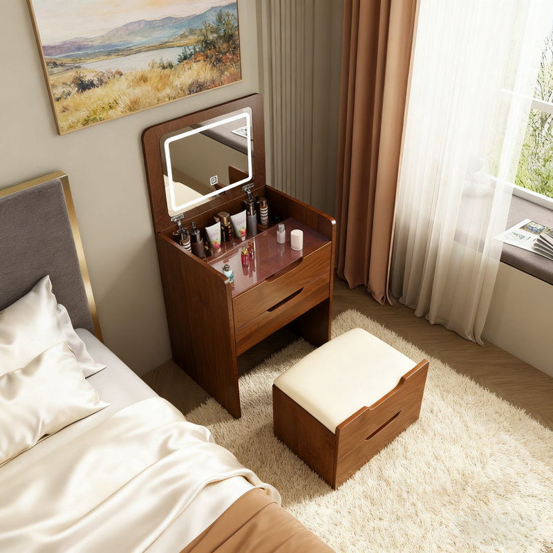 Bureau de coiffeuse 3 en 1 avec miroir à plateau rabattable, petit ensemble de coiffeuse avec bureau en verre visible, coiffeuse pour chambre à coucher