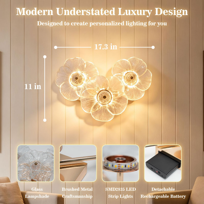 3-Light Flower Glass Wall Lamp with Remote, 3 Colors, Timer, - 10000mAh Detachable Battery, Dimmable LED Wall Mount Lamp for Bedroom Living Room Hallway