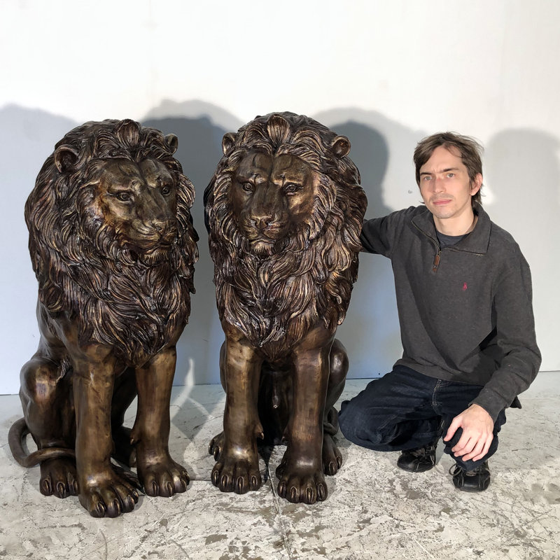 Bronze Sitting Lions Sculpture Set