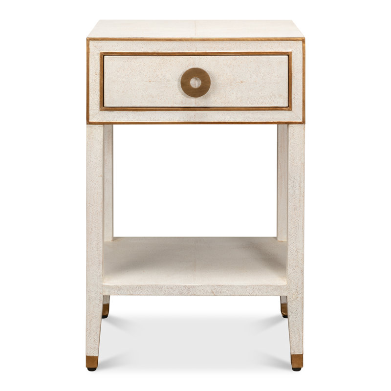 Osprey White Solid Wood Nightstand with Leather Top and Brass Handle