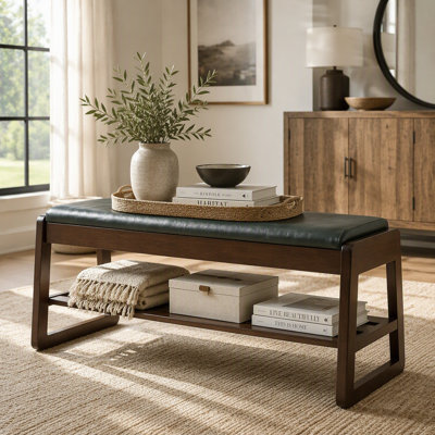 39" Green Rubber Wood Shoe Storage Bench, Brown Wood Solid Wood Legs for Living Room Bedroom Entryway