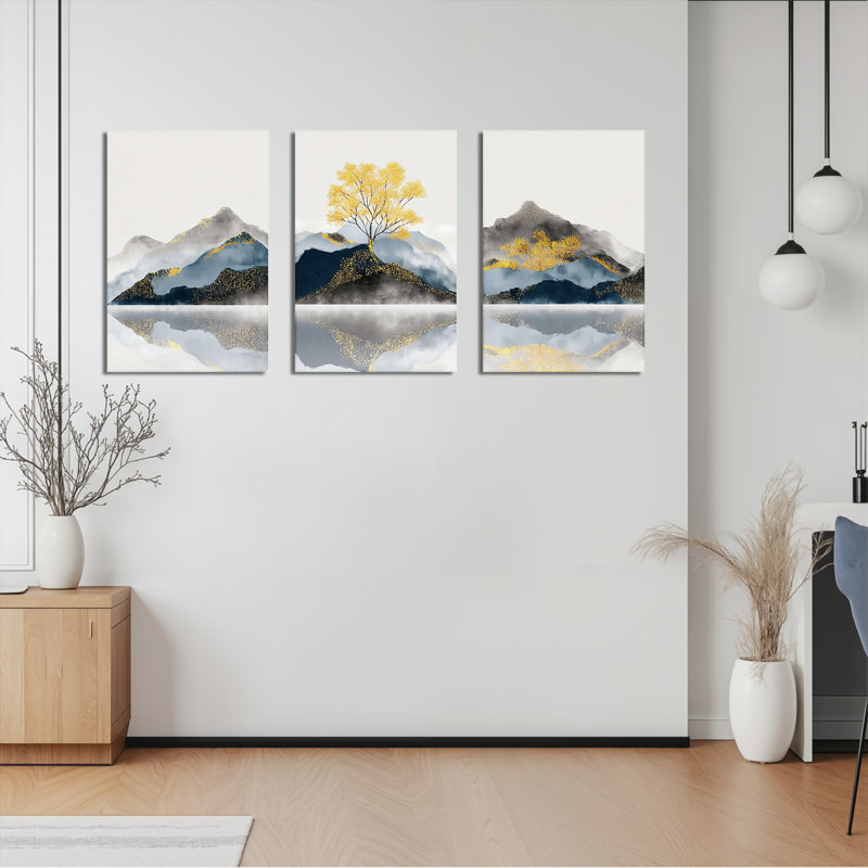 «Golden Tree and Mountain Reflection», reproduction d'art sur toile abstraite (ensemble de 3), H 36 po x l 72 po