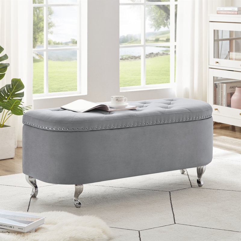 Banc de rangement Keyland, repose-pieds capitonné en velours et demi-cercle, Gris