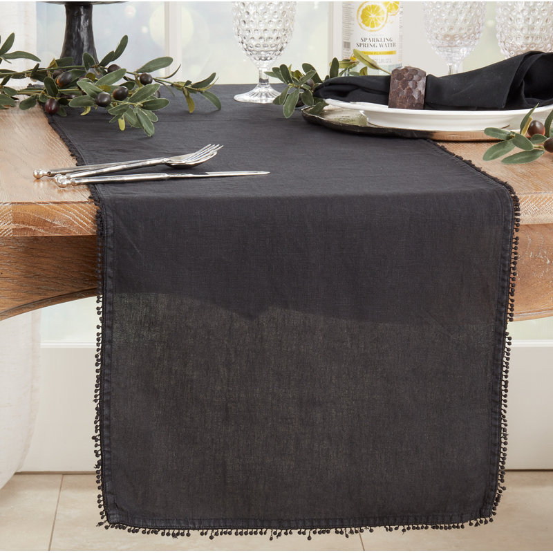 Trezza Mini Pom Pom Trim Table Runner, Black