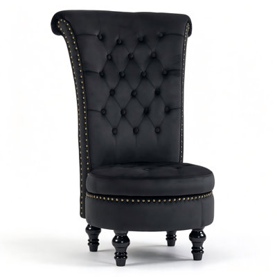 Fauteuil royal à dossier haut, accoudoirs en velours avec rangement, garniture cloutée, pieds en bois d'hévéa massif pour le salon, la chambre à coucher, noir