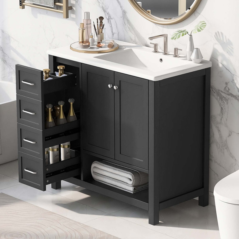Meuble-lavabo élégant avec lavabo en céramique, tablette ouverte, deux portes et deux tiroirs pour un rangement amélioré et un attrait esthétique