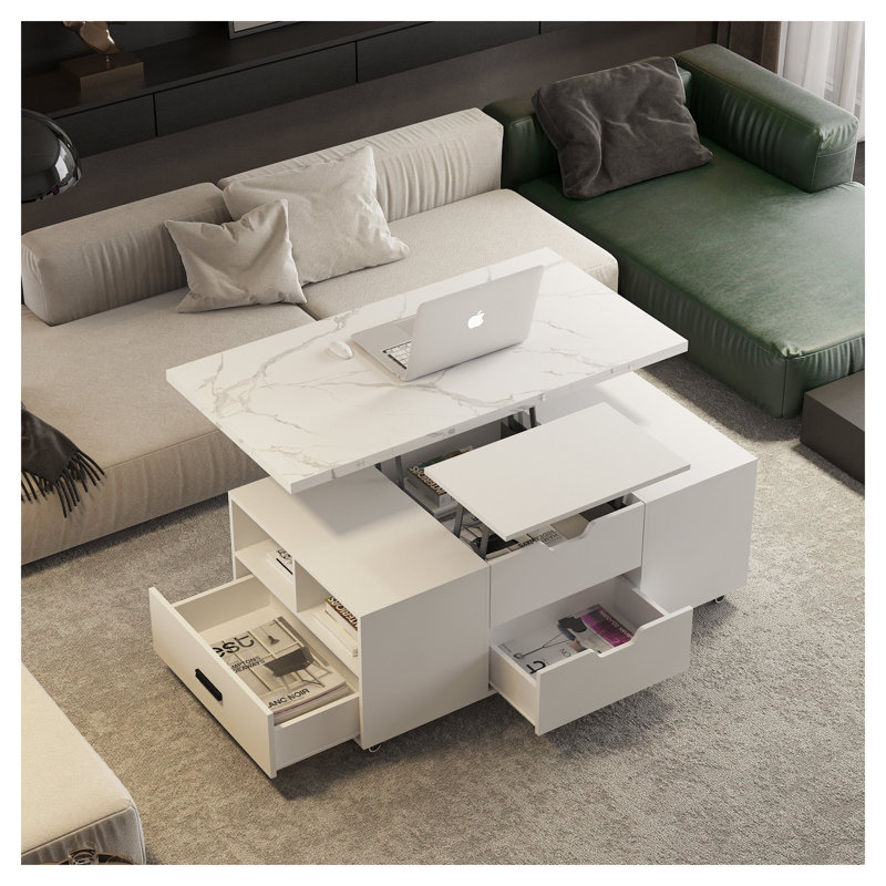 Ensemble de table basse moderne avec compartiment de rangement et 2 tabourets assortis, ensemble de salon en panneau de particules blanc