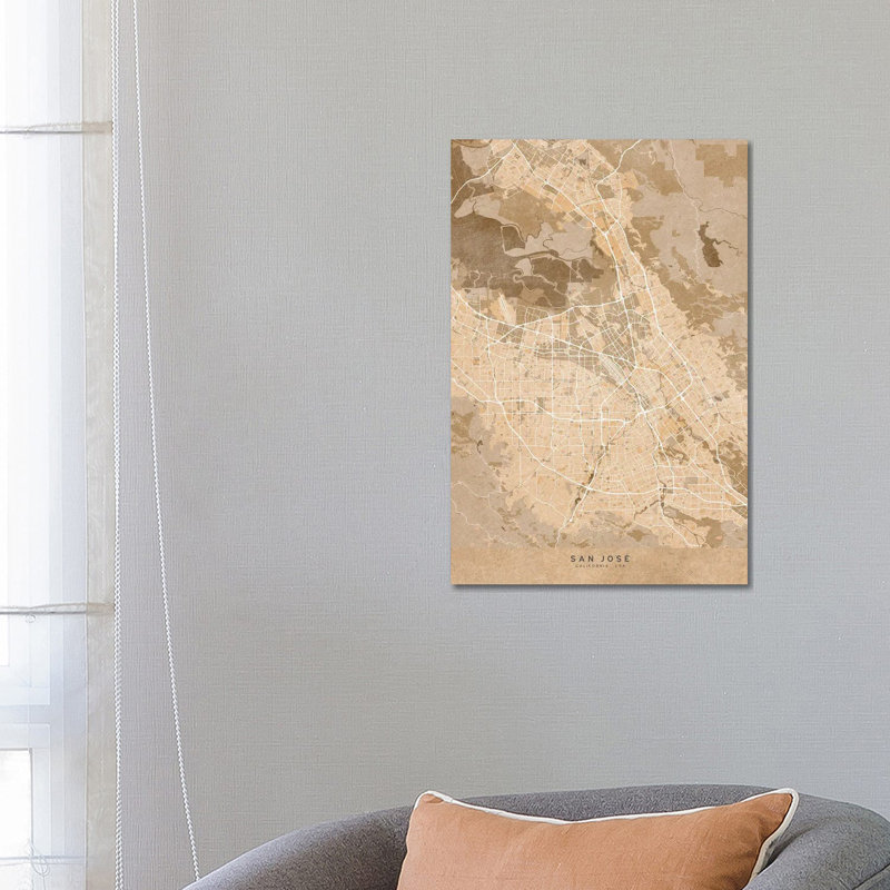 Map Of San Jose (Ca, USA) In Sepia Vintage Style by Blursbyai - No Frame Gallery-Wrapped Canvas Giclée on Canvas
