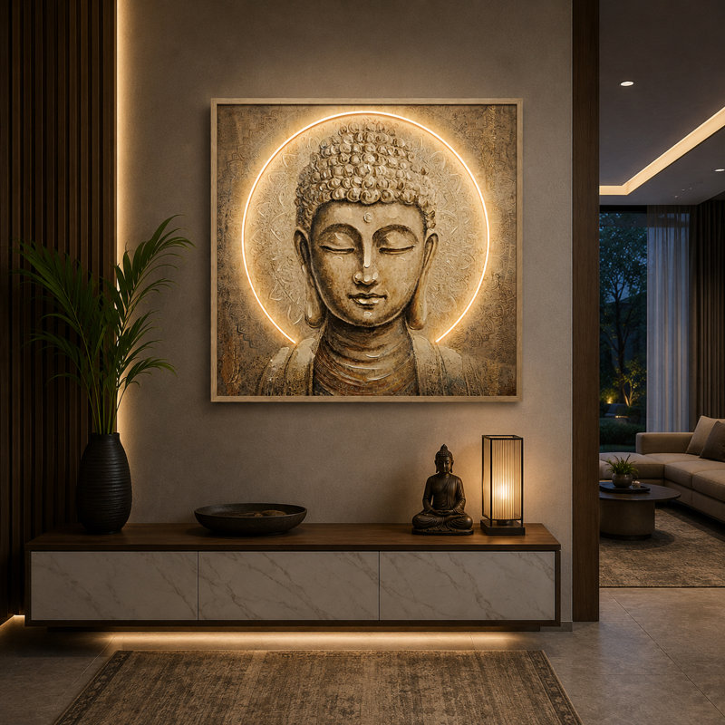 Britwall LED Wall Art Enlightened Buddha Illuminated Canvas 83x83cm with UK Plug & ON Off Switch