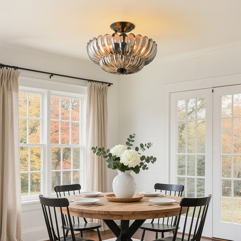 3-Light Smokey Grey Fluted Glass Semi-Flush Mount - 16in,Matte Black, 11.02" H x 15.75" W x 15.75" D