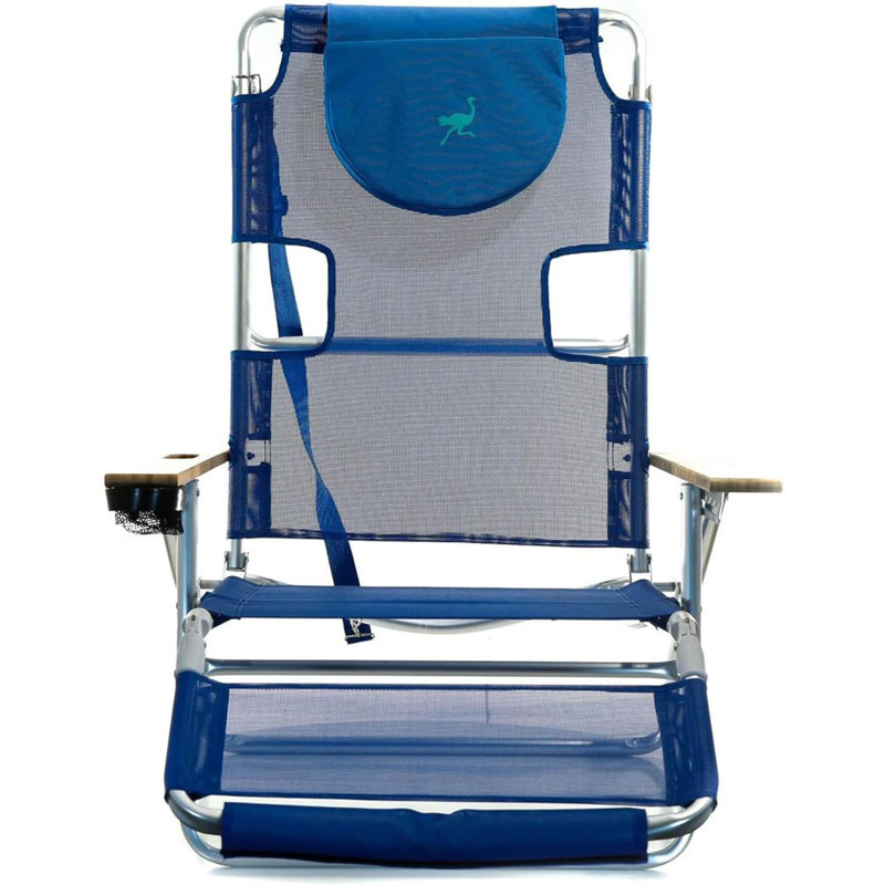 Blue Aluminum Folding Beach Chair with Wooden Armrests and Cushions