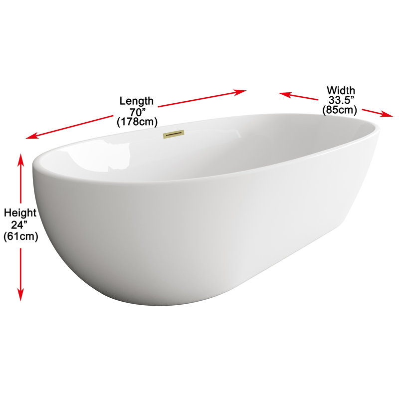 Fredericksburg 70'' x 33.5'' Soaking Acrylic Bathtub, Brushed Gold