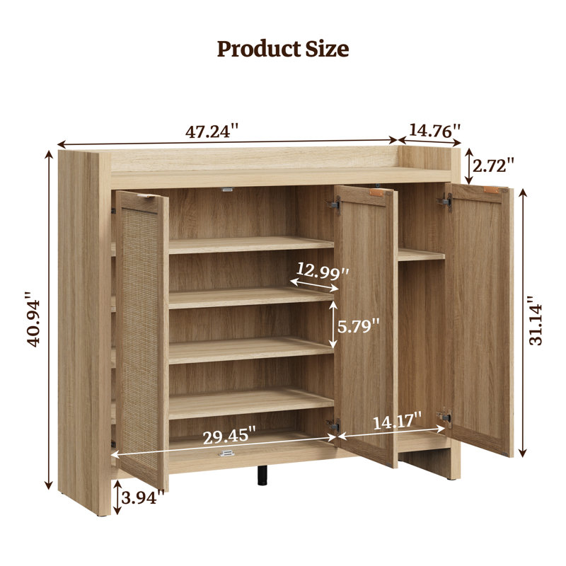 Chada 30 Pair Rattan Shoe Storage Cabinet With 3 Doors And Adjustable Shelves, Light Gray