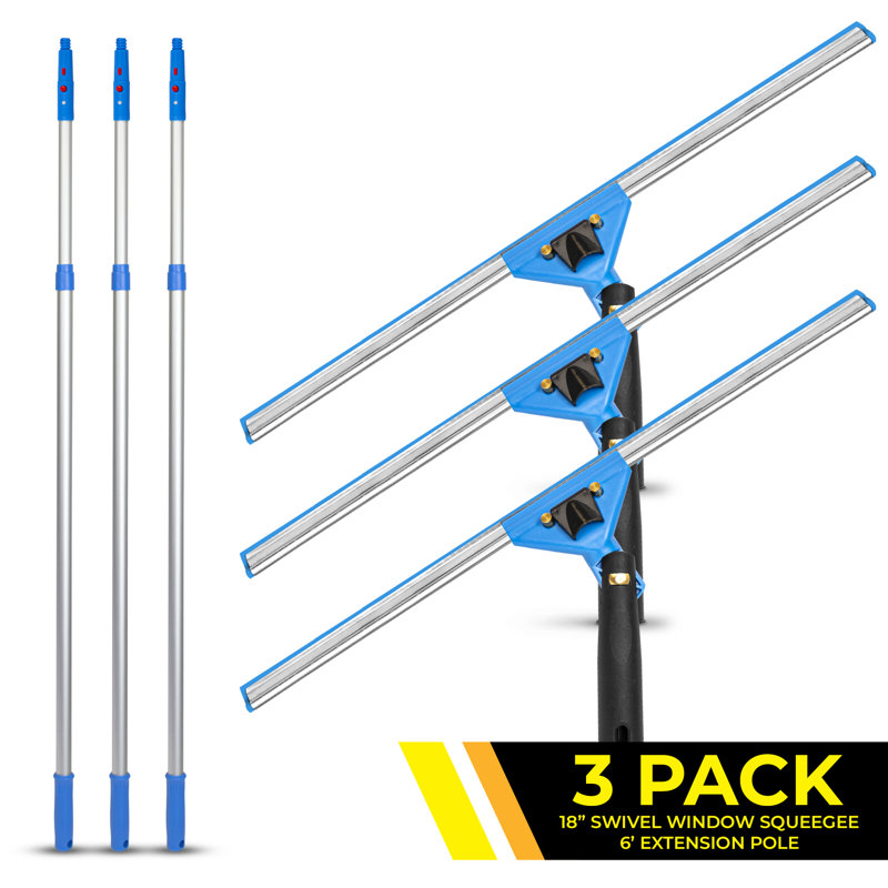 Window Washing Kit with Swivel Window Squeegee and 6' Telescopic Pole, 3 Pack, 76" L x 18" W x 1" D