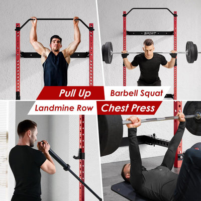Foldable Squat Rack for Home Gym, Wall Mounted Power Cage with Pull Up Bar, J Hooks & Landmine – 1000 LBS Capacity, Space Saving