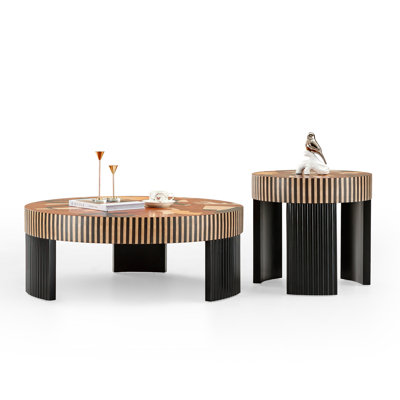 Mid-Century Modern Round Coffee Table Set with Mosaic Wood Veneer Top