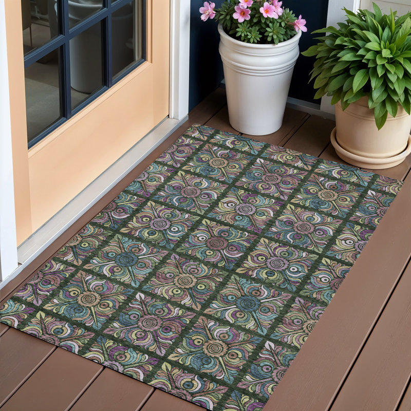 3' X 5' Fern Green Purple And Teal Blue Medallion Washable Indoor Outdoor Area Rug