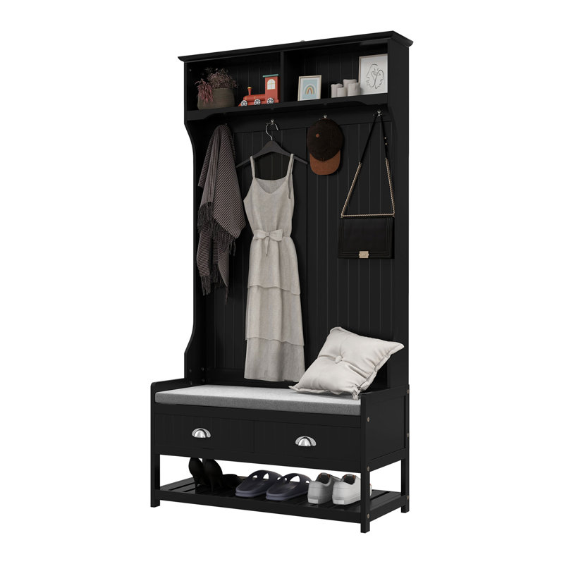 3-In-1 Hall Tree, Entryway Bench With Coat Rack, Mudroom Bench With Shoe Rack, 2 Storage Drawers, 4 Hooks And Padded Seat Cushions For Hallway, Black