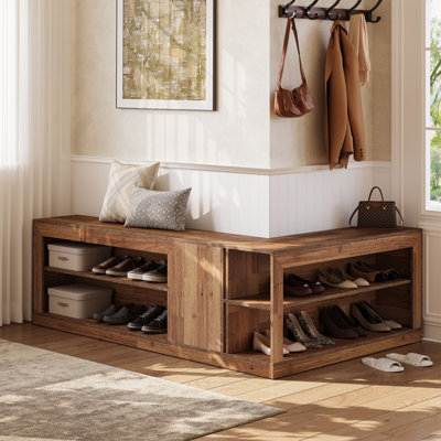 24 Pair Corner Shoe Storage Benches, L-Shaped Open Shelf Wood Shoe Rack, 2-Piece Modular Modern Entryway Shoe Organizer
