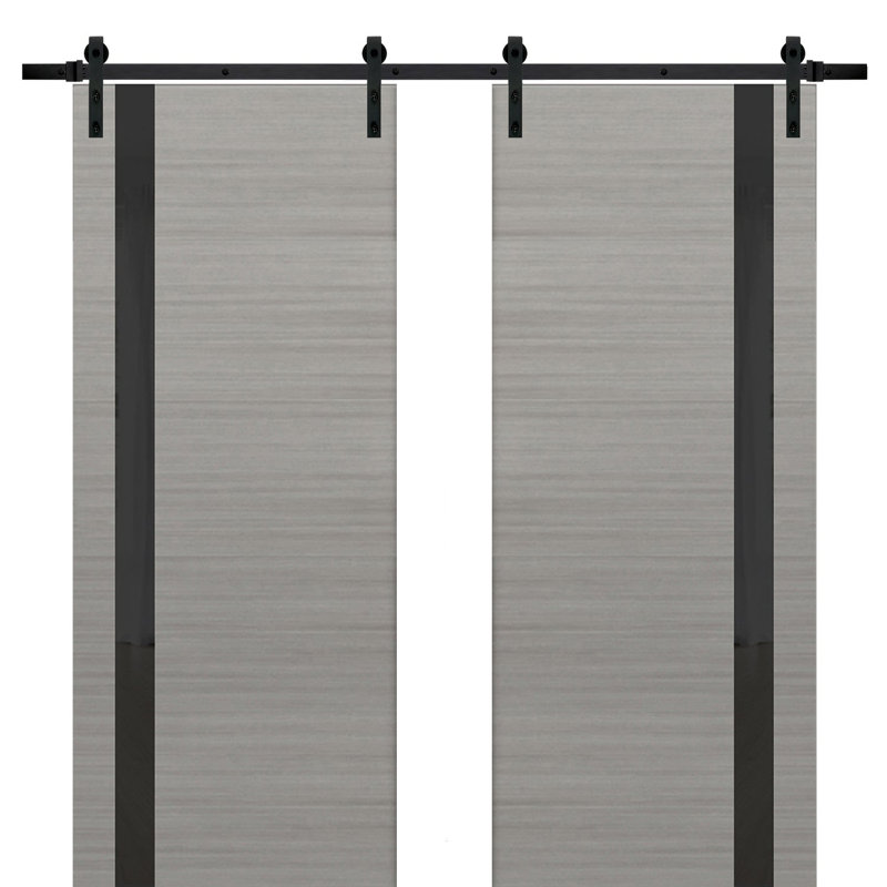 Portes de grange intérieures robustes en bois givré avec ensemble de quincaillerie Planum, 60 po x 96 po, Gris cendré / noir
