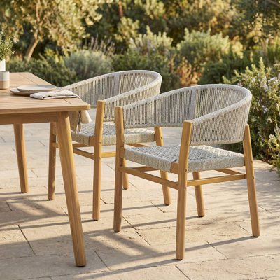 Outdoor Dining Chairs – Ergonomic Rope-Woven Patio Chairs With Solid Wood Frame, Teak Finish & Beige Cushions