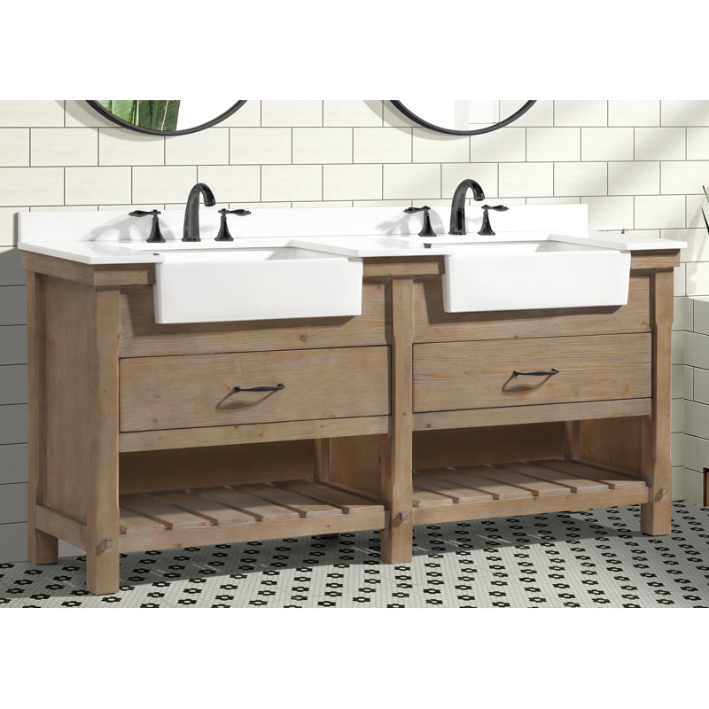 Marina 72'' Double Bathroom Vanity with Marble Top, Weathered Fir, White Engineered Stone