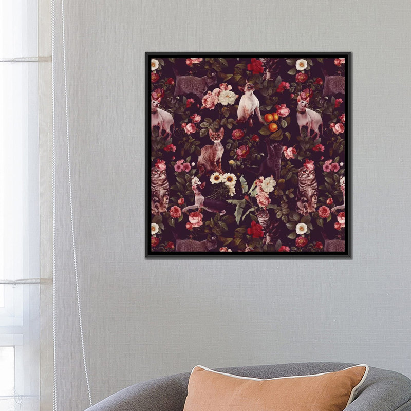 Motif floral et chats, impression sur toile tendue, H 18 po x l 18 po x P 1,5 po, Toile avec cadre noir, Pas de tapis