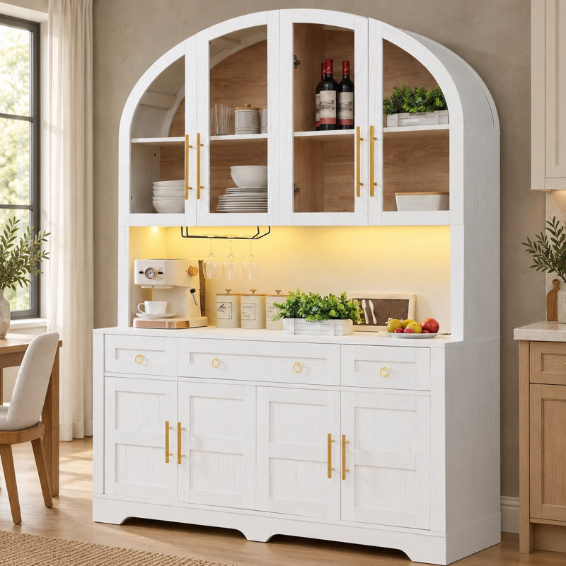 Meuble-bar à café moderne arqué de 192,4 cm avec éclairage DEL intelligent et prise électrique intégrée, buffet de cuisine de 140 cm de haut avec portes vitrées, casier à verres à vin et 3 tiroirs pour salle à manger