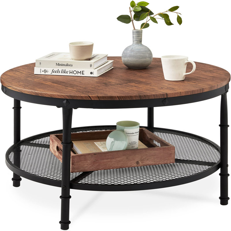 Brown Round Wood and Metal 2-Tier Coffee Table