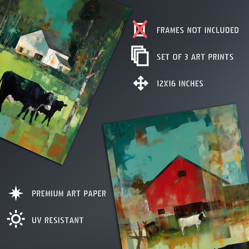 The Farm Grazing Cattle Cows Green Brown Landscape - 3 Piece No Frame Print Set, 40.5cm H x 30.5cm W x 0.3cm D