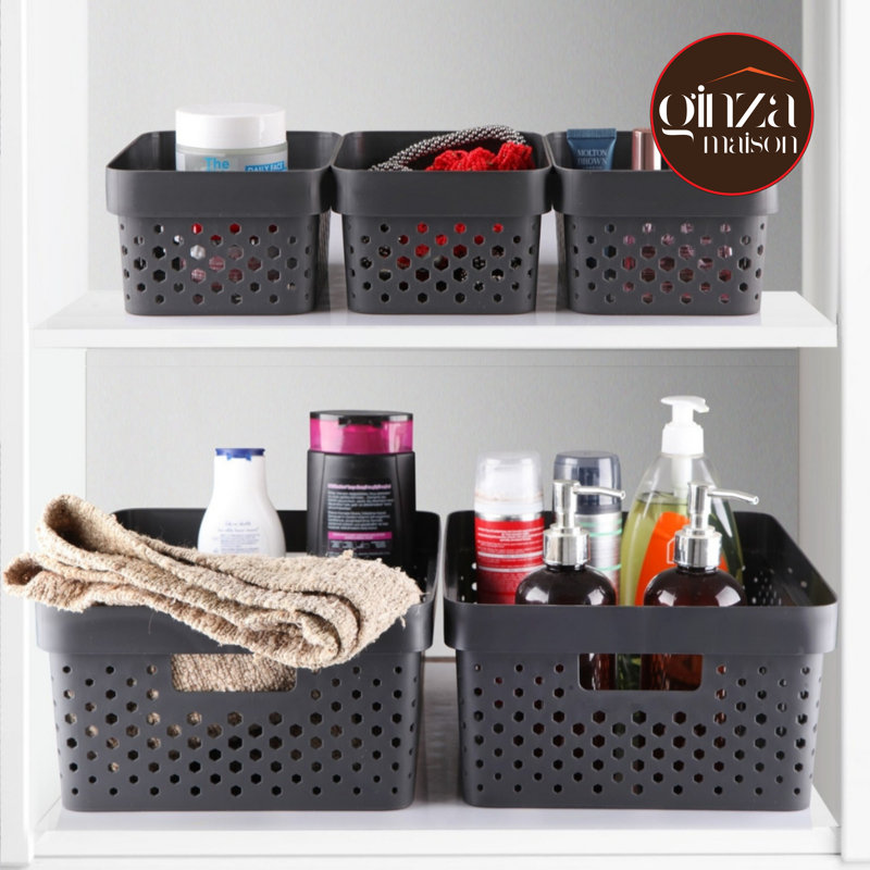 Ginza Maison Plastic Baskets For Organizing Set Of 7 - Multi-use Organizer Bin, Built-in Handles, Saving Storage, Pantry & Home Organizing Basket, Multiple Size Bins 