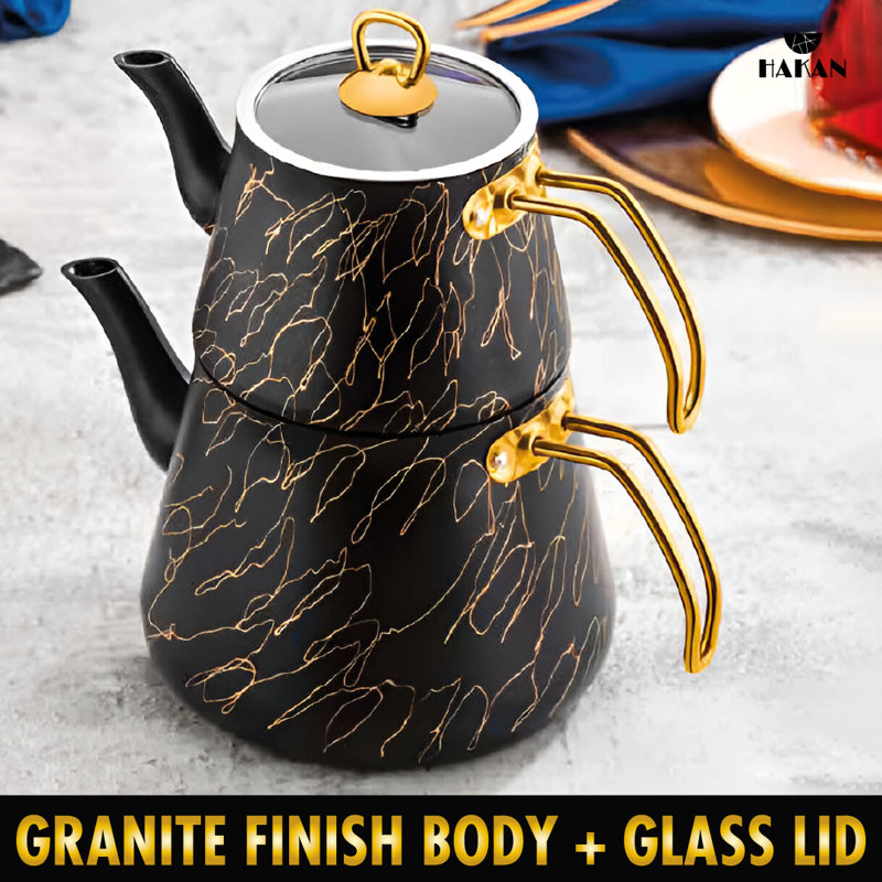 Hakan Black and Gold Granite Teapot Set with Stainless Steel Handle