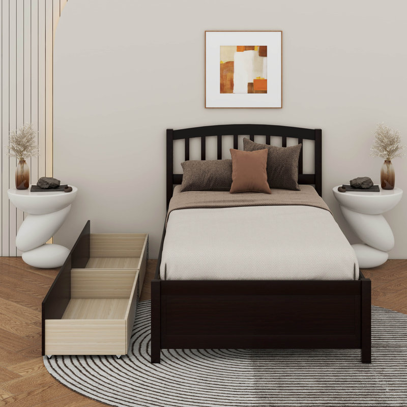 Twin Platform Storage Bed Wood Bed With 2 Drawers And Headboard, Espresso